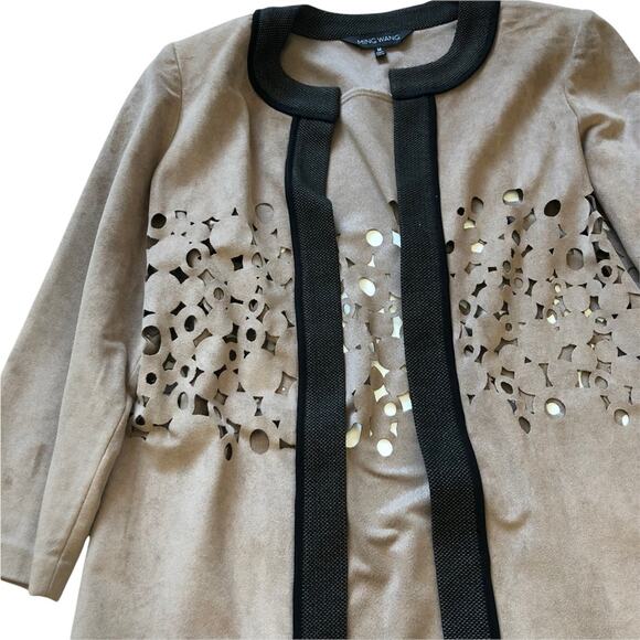 Ming Wang Heritage Laser Cut Faux Suede Open Jacket M Tan Black EUC - Picture 6 of 15